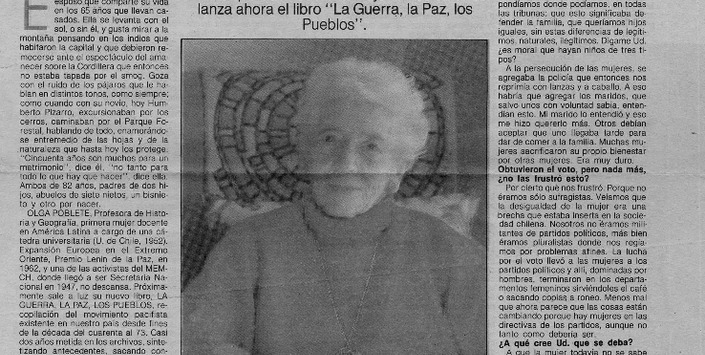Recorte de prensa. "Olga Poblete: La mujer aún no levanta la mano". 1990.