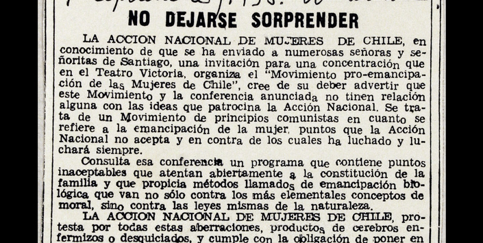 No dejarse sorprender. Carta de la Acción Nacional de Mujeres. El mercurio, 7 de septiembre de 1935.