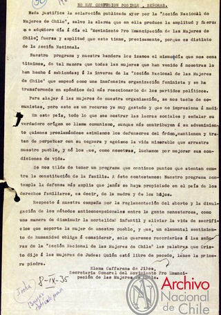 No hay confusión posible señoras. Respuesta de Elena Caffarena a la Acción Nacional de Mujeres. 8 de septiembre 1935.
